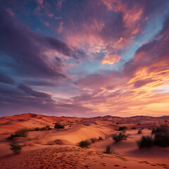 Breathtaking Desert Landscape with Dramatic Sand Dunes and Vibrant Sunset Colors