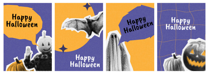 happy halloween halftone collage poster set. spooky modern cut out elements. ripped paper style, dotted illustration. trendy holiday flyers with bat, ghost, pumpkin