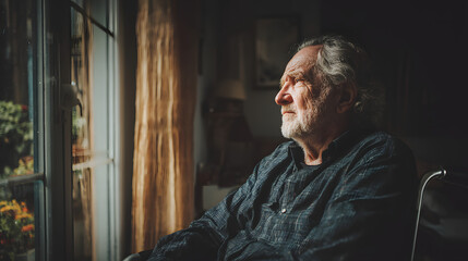 Senior Man in Wheelchair Contemplating by the Window in a Cozy Indoor Setting