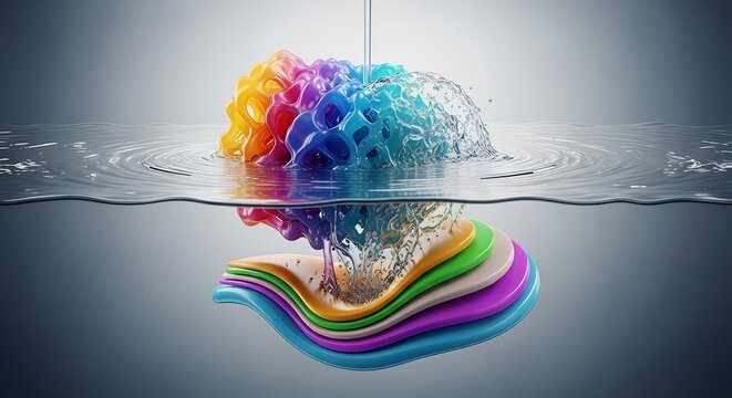 Vibrant rainbow material undergoes clean depolymerization in clear water, separating into distinct colored layers. A striking visual of sustainable chemical recycling for endless materials in a