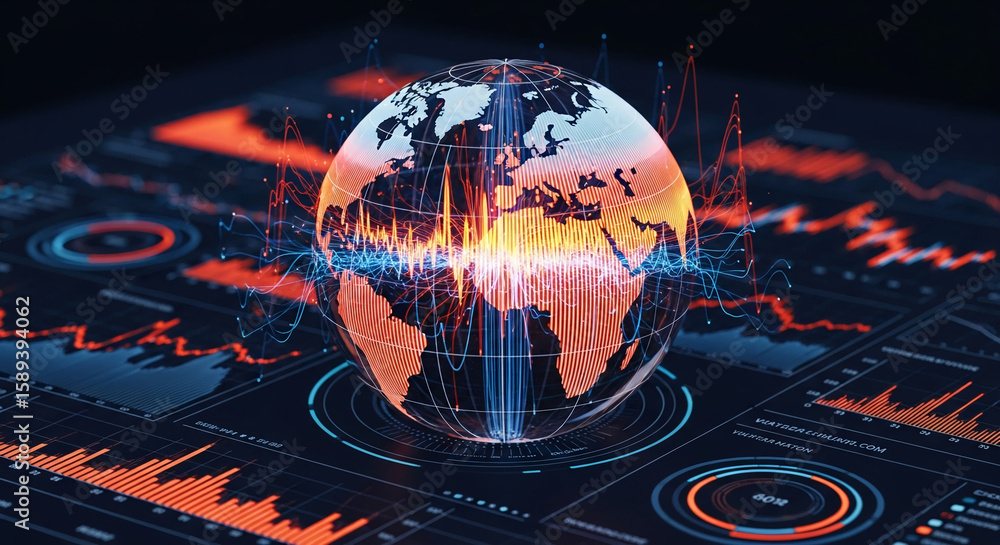 Poster digital globe with data streams, displayed on a futuristic interface, showcasing global connectivity