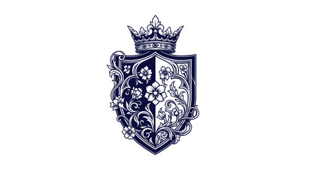Ornate Royal Crest:  Dark Blue Shield with Floral Design and Crown