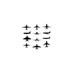 Airplane top view set silhouette isolated on white background 