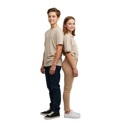 teenage brother and sister standing together, relaxed and smiling full-body portrait on clean white background, PNG format