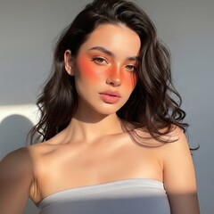 Trendy fashion model with artistic orange blush sunlit portrait