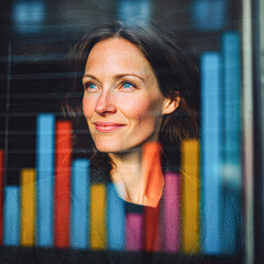 A confident woman with blue eyes looks ahead through a window reflecting colorful, vertical bar charts symbolizing data and analytics.