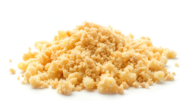 Golden crumble pile displayed against a white background, ideal for baking or pastry applications and culinary use.