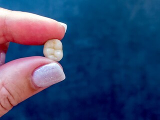 Artificial dental crown held between fingers on blue background