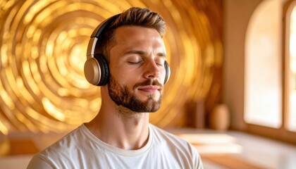 Person meditating with headphones in a golden ambient space symbolizing mindfulness through audio technology and inner peace