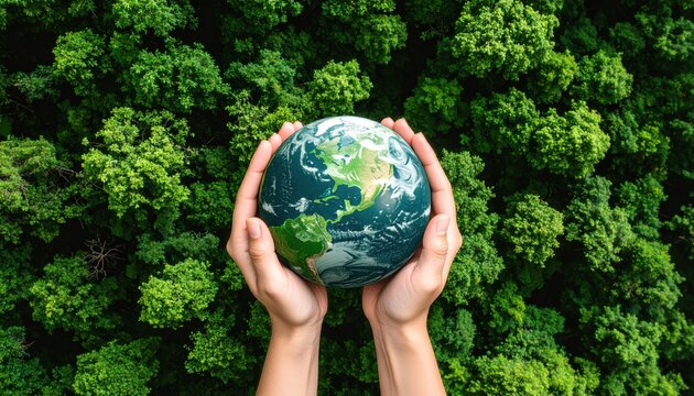Hands holding a globe over green forest symbolizing environmental responsibility, sustainability, and protecting Earth for future generations