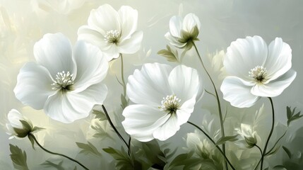 Elegant painting of white flowers with soft green leaves on a hazy background.