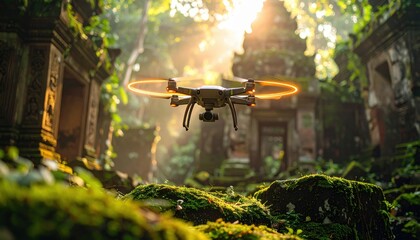 Drone flying in ancient jungle ruins highlighting exploration, archaeology, and modern tech merging with historical sites