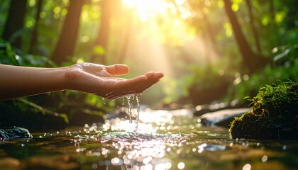 Hand reaching into a fresh forest stream with sunlight suggesting purity, connection to nature, and environmental mindfulness