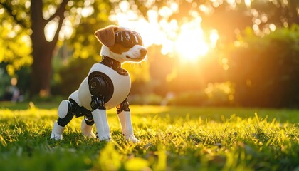 Futuristic robotic dog blends technology and nature in a sunny park setting, symbolizing the coexistence of AI companions with outdoor lifestyle and pet trends