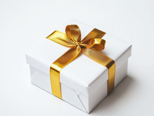 Elegant White Gift Box with Golden Ribbon on a Minimalist Background