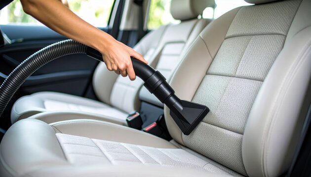 Close-up of vacuum cleaning car seats illustrates modern auto detailing, emphasizing hygiene, cleanliness, and professional vehicle maintenance services