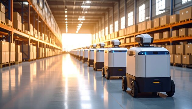 Warehouse filled with delivery robots illustrates the future of logistics and supply chain automation, reflecting trends in robotics, industry, and fulfillment