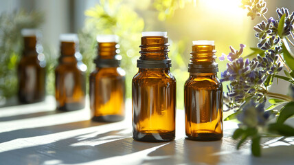 Amber Glass Bottles with Essential Oils Surrounded by Fresh Herbs