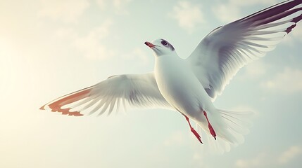Obraz premium Single bird silhouette in flight over empty sky with pastel gradient at dawn, shot with mirrorless camera emphasizing serene atmosphere and smooth tonal transitions