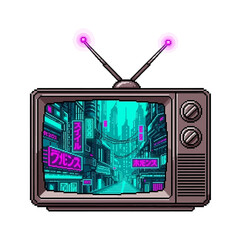 Pixel Art TV Displaying a Cyberpunk Cityscape with Neon Signs