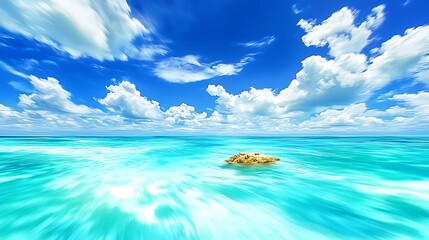 Pastel sky above distant rock softened by long exposure ocean blur, minimalist seascape emphasizing calmness and simplicity, neutral density filter used