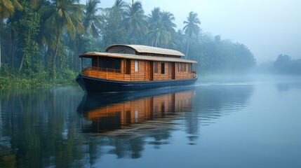Wooden houseboat glides on calm misty river