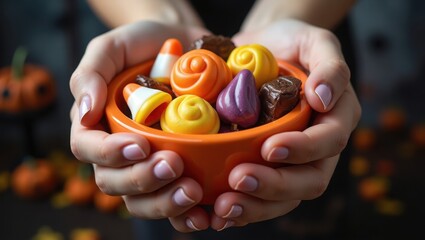 Hands holding wicker bowl filled with colorful Halloween candy including lollipops, chocolates and sweets with orange pumpkins in spooky autumn background