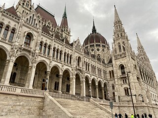 Closeup of Hungarian Parliament Building in Budapest with grey sky