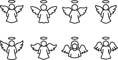 Collection of eight simple angel icons with wings and halos silhouette
