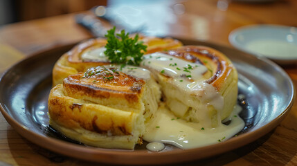 Fresh baked cinnamon rolls drizzled with cream cheese icing, garnished with parsley, displayed on a brown plate for a delicious treat.