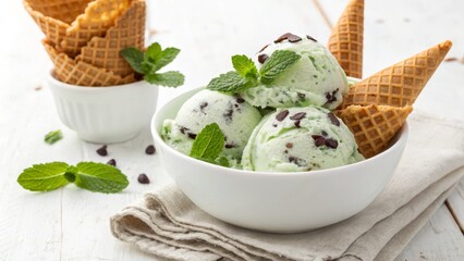 Mint Chocolate Chip Ice Cream in Bowl with Waffle Cones, Food Photography, Dessert, Close-up Ice Cream, Mint Chocolate Chip