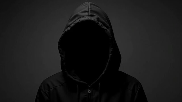 Mysterious faceless person in dark hoodie on black background

