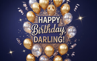 Happy Birthday Text with Gold and Silver Balloons on Dark Blue Background