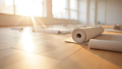 Yoga studio floor with rolled mats and sunlight