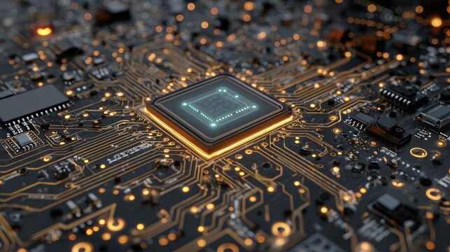Futuristic PCB design with visible microprocessor and soldered connections