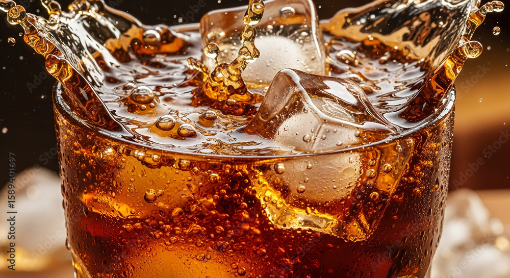Poster close-up of brown liquid with ice cubes, showing splashing and bubbles. represents refreshment, fizz