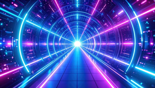 Futuristic Time Warp Corridor Tunnel With Blue And Pink Neon Lights