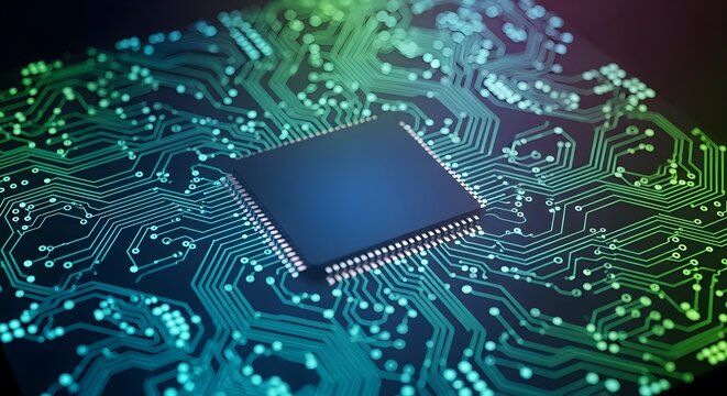 Abstract Close-Up of a Microchip on a Circuit Board with Glowing Green and Teal Traces