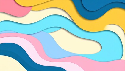 Soft Colorful Abstract Paper Cut Background Featuring Layered Flowing Forms with Blue Pink and Yellow Tones