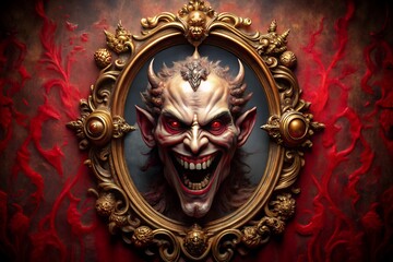 Ornate Haunted Mirror with Demonic Reflection – Gothic Gold Frame on Deep Crimson Background