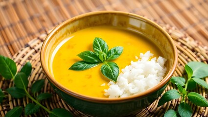 Vibrant yellow pumpkin soup with fresh basil and white rice on bamboo placemat, cozy meal