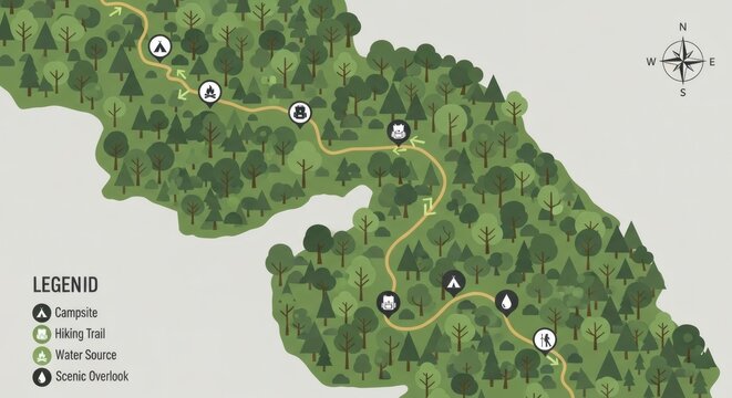 Hiking trail map illustration featuring a winding path through a forest with campsite, water source, and scenic overlook icons.