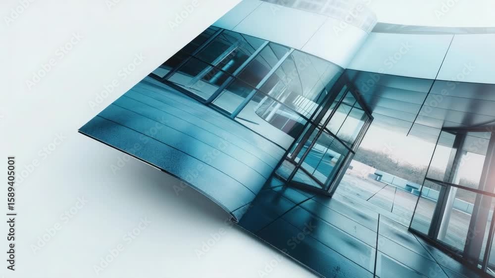 Poster a building exterior with an open magazine featuring architecture and design