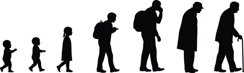 Human growth stages, silhouette progression, life cycle, aging process, timeline concept, child to elderly, Adobe Stock, vector design, age evolution, development chart, minimal illustration