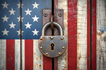Locked Gate with Padlock in USA Flag Colors