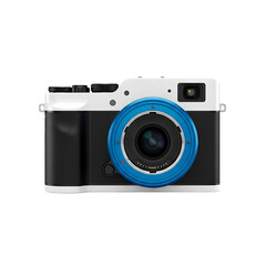 A black and white camera with a blue lens ring is centered against a white background, showcasing its design and features.