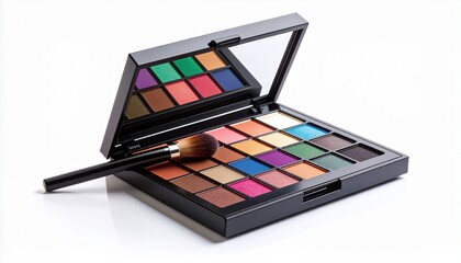 An open eyeshadow palette with a variety of colors and a makeup brush lying across the shades.