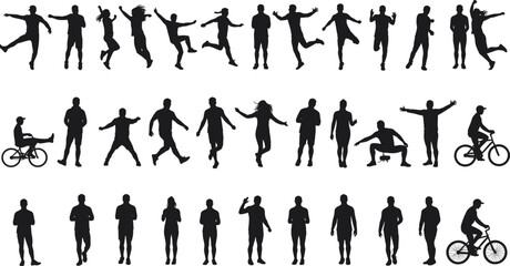 Silhouettes of people, various poses, dynamic activities, walking, biking, dancing, jumping, vector design, human figures, creative illustrations, black shadows