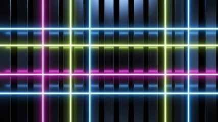 Neon grid featuring blue green and purple lights Behind the grid theres a dark vertical bar pattern - Powered by Adobe