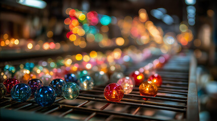 Christmas ornament factory bokeh, shiny glass balls on drying rack, colorful blurred lights in background